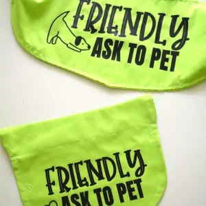 Light green dog bandana with "FRIENDLY ASK TO PET" text on
