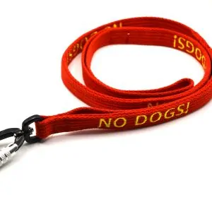 Red warning dog lead with yellow “NO DOGS” embroidery, strong auto‑lock clip, and an extra traffic handle for close control in busy environments