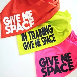 Three brightly coloured dog bandanas displayed on a white surface — one orange, one neon lime, and one neon pink. Each features bold text: “GIVE ME SPACE” on the orange and pink bandanas, and “IN TRAINING GIVE ME SPACE” on the lime bandana.