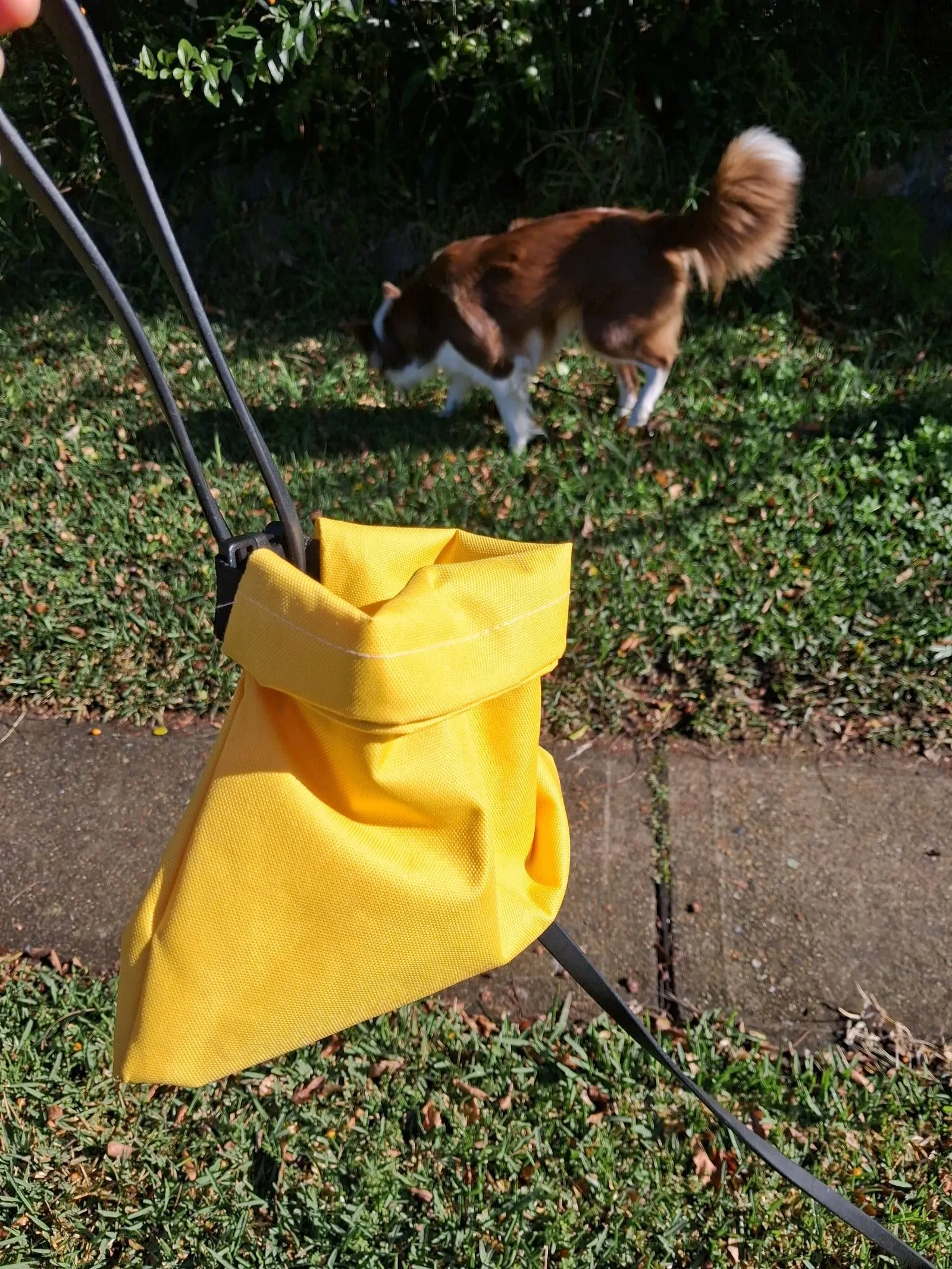 Waterproof nylon dog poop carry bag with roll‑close top and “Yeah nah” paw design, attached to a lead handle to contain odour and stop poop‑bag swinging.